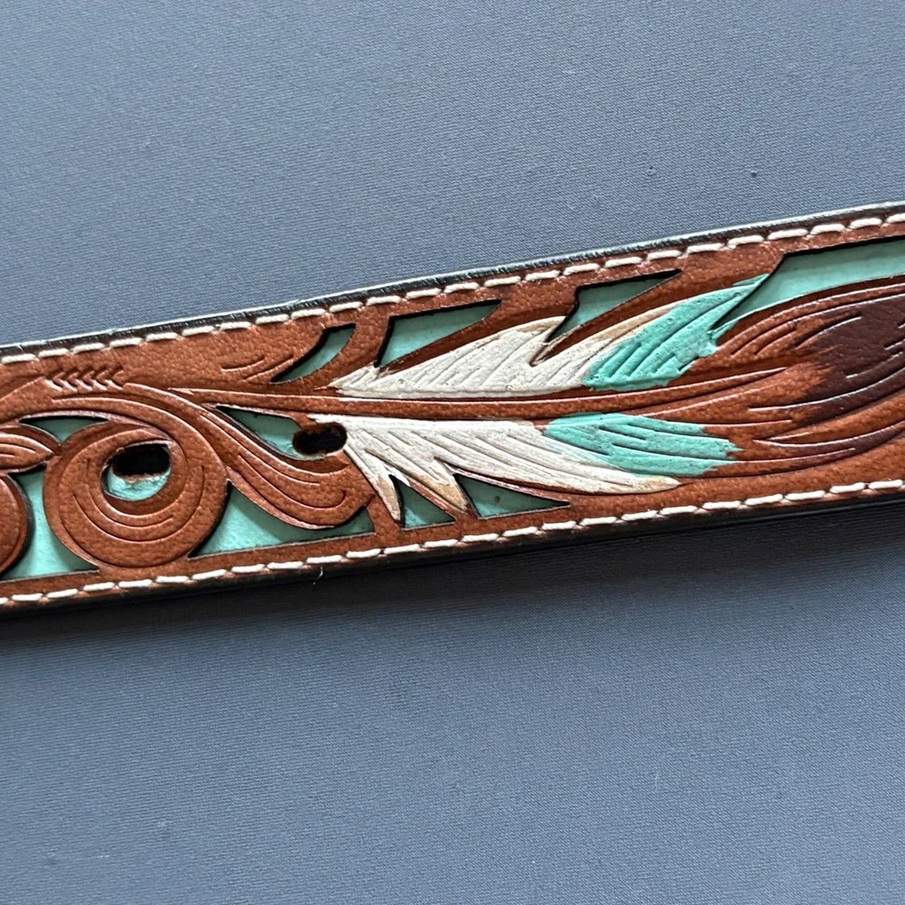 Nocona Mens Brown Leather Tooled Feather Turquoise Western Belt | Sz 34 |